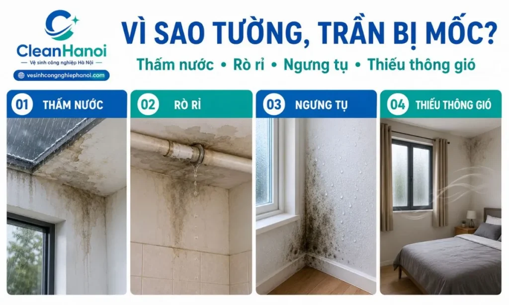 các nguyên nhân phổ biến khiến tường và trần nhà xuất hiện nấm mốc, gồm thấm nước, rò rỉ, ngưng tụ hơi ẩm và phòng thiếu thông gió.