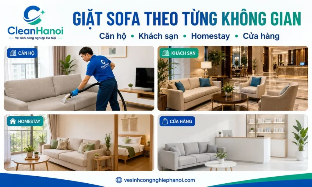 Các không gian thường sử dụng dịch vụ giặt sofa tại Hoàn Kiếm gồm căn hộ, khách sạn, homestay, văn phòng và cửa hàng.