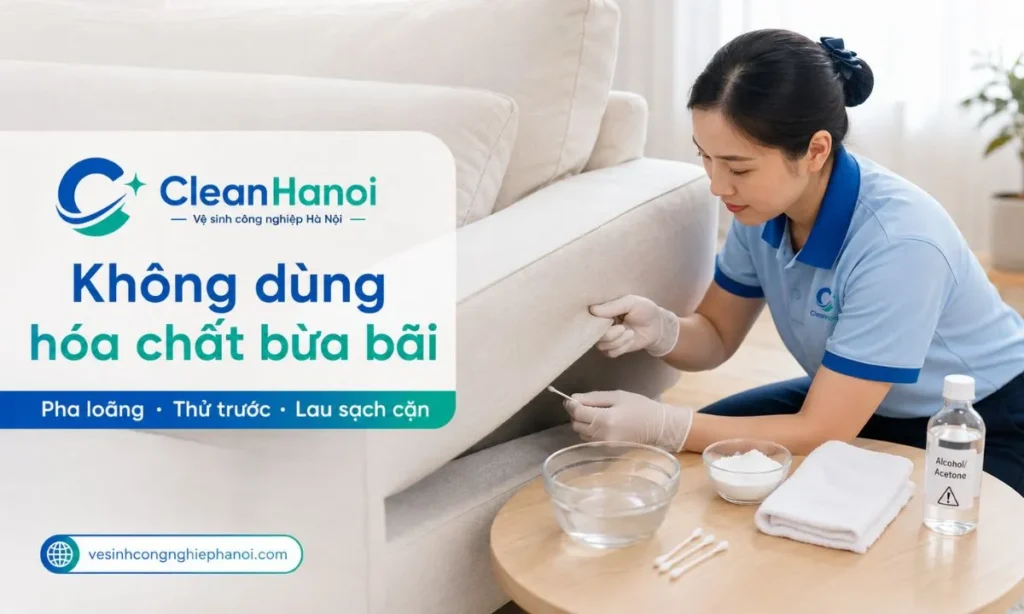 Nước rửa chén pha loãng, baking soda, cồn hoặc acetone không nên dùng tùy tiện trên sofa; cần thử trước, dùng lượng nhỏ, lau sạch cặn và tránh dung môi mạnh trên sofa da, nhung hoặc sofa màu sáng.