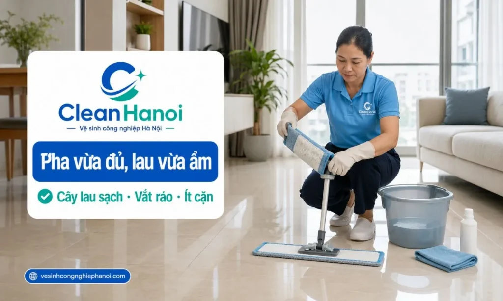 Khi lau nhà, cần pha nước lau sàn đúng lượng, không đổ quá đặc, dùng cây lau sạch vắt ráo và lau theo từng khu vực nhỏ để sàn nhanh khô, ít vệt và không bị rít.