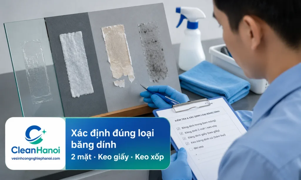 Trước khi tẩy keo băng dính, cần phân biệt băng dính trong, băng dính 2 mặt, băng keo giấy, băng keo xốp và keo băng dính lâu ngày để chọn cách làm mềm, gỡ lớp dày và lau cặn keo phù hợp.