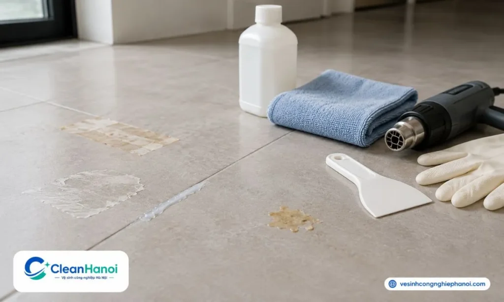 Trước khi tẩy keo dính trên nền nhà, cần xác định đó là keo băng dính, keo decal, keo silicon, keo 502 hay keo dán sàn, đồng thời kiểm tra bề mặt là gạch men, gạch nhám, sàn nhựa, sàn gỗ hay nền đá.