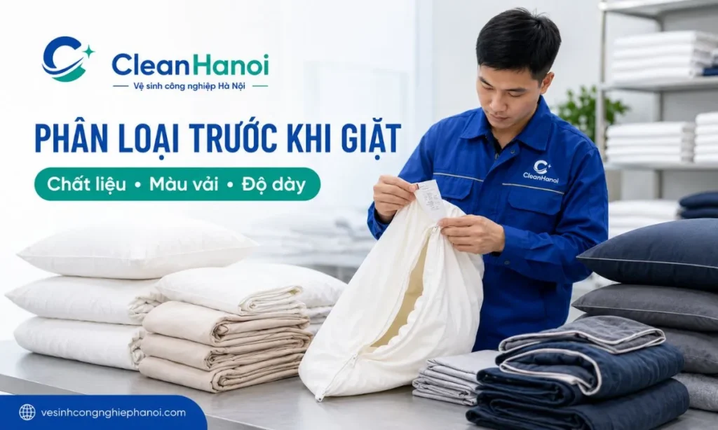 nhân viên CleanHanoi kiểm tra nhãn hướng dẫn, chất liệu, màu sắc và độ dày trước khi phân loại chăn ga gối.