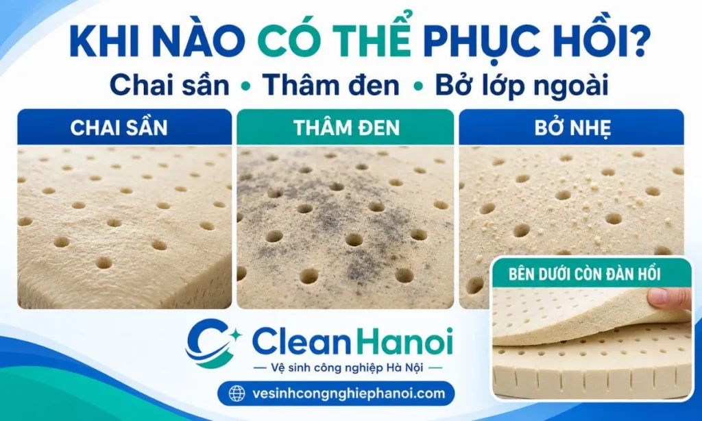 Bề mặt đệm cao su cũ bị chai sần, thâm đen và bở nhẹ có thể kiểm tra phục hồi