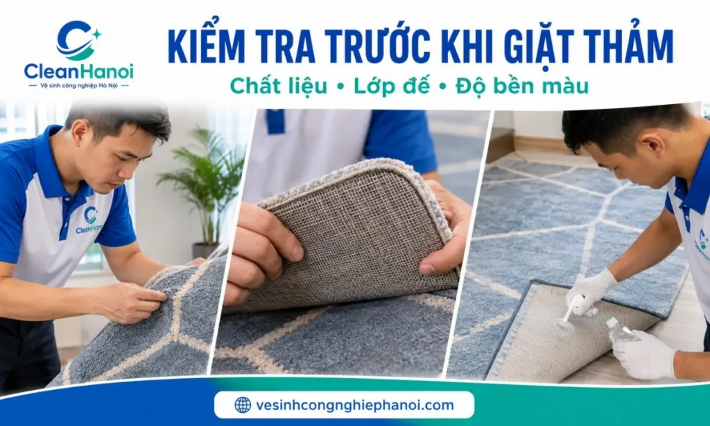 quá trình kiểm tra chất liệu sợi, lớp đế và tình trạng thảm trước khi lựa chọn phương pháp làm sạch.