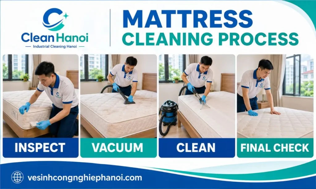 CleanHanoi follows a clear mattress cleaning process including inspection, dry vacuuming, stain treatment, surface cleaning, moisture extraction and final checking.