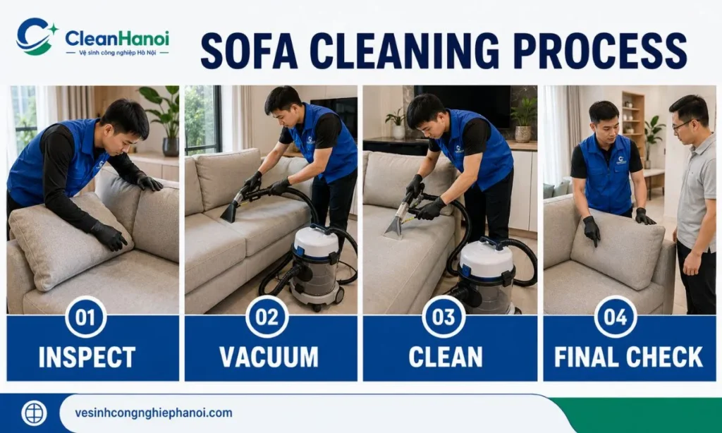 CleanHanoi follows a clear sofa cleaning process including condition inspection, dry vacuuming, stain treatment, upholstery cleaning, extraction and final inspection.