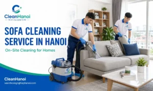 CleanHanoi technician professionally cleaning a fabric sofa in a Hanoi apartment