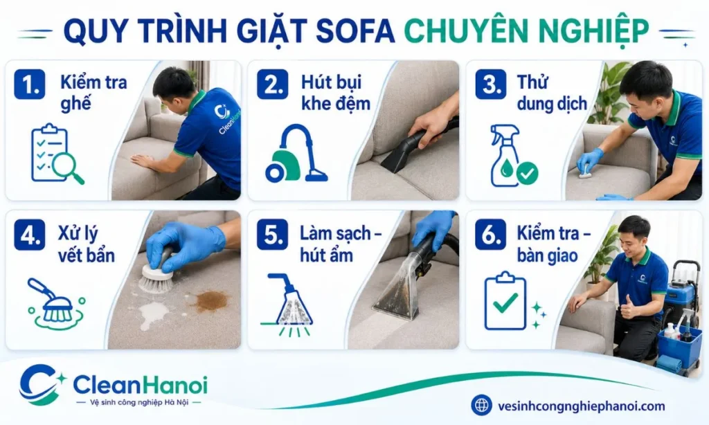 Quy trình CleanHanoi gồm kiểm tra ghế, hút bụi, thử dung dịch, xử lý vết bẩn, làm sạch, thu hồi độ ẩm và kiểm tra trước khi bàn giao.