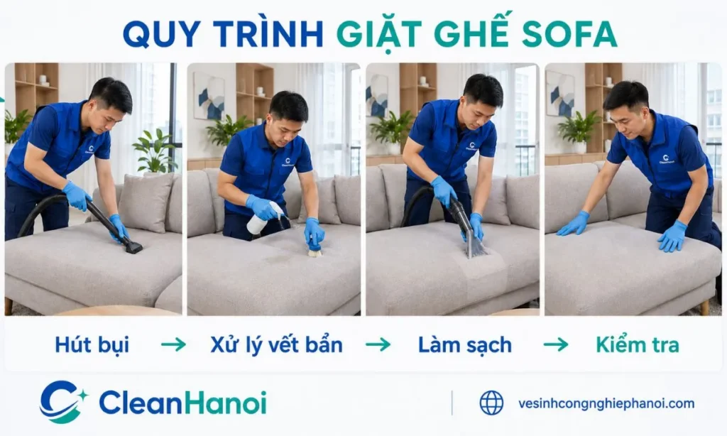 các công đoạn chính trong quy trình giặt ghế sofa của CleanHanoi tại khu vực Thanh Xuân.