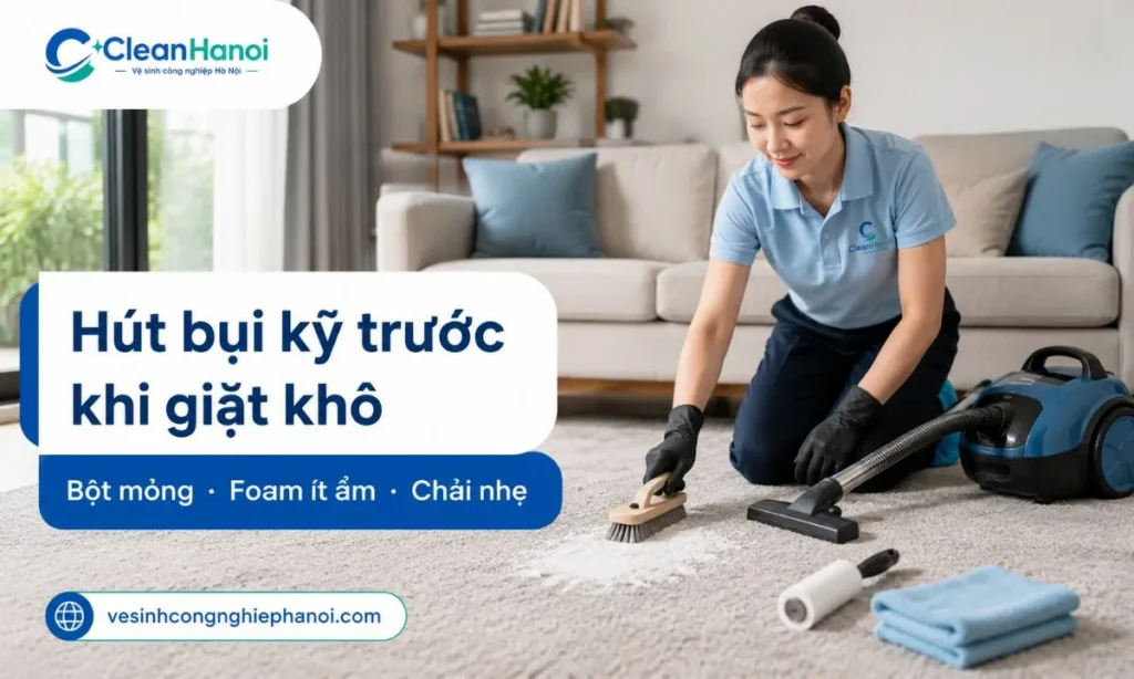 Khi giặt khô thảm tại nhà, cần hút bụi thật kỹ, gom tóc và lông thú, thử sản phẩm ở góc khuất, rắc bột hoặc dùng foam đúng lượng rồi chải nhẹ theo chiều sợi thảm.