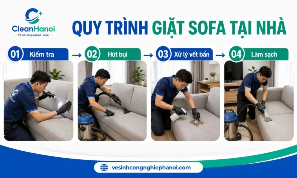 bốn công đoạn chính khi vệ sinh ghế sofa tại nhà ở Nam Từ Liêm: kiểm tra, hút bụi, xử lý vết bẩn và làm sạch.