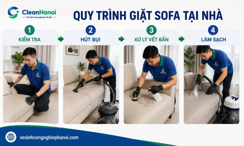 bốn công đoạn chính khi giặt sofa tại nhà: kiểm tra, hút bụi, xử lý vết bẩn và làm sạch bằng thiết bị phù hợp.