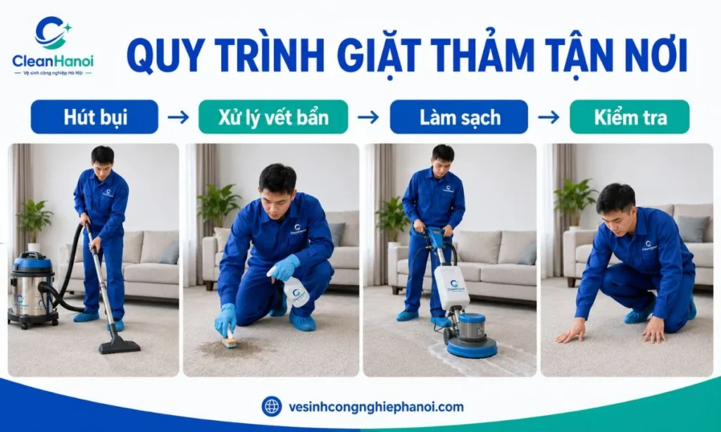 bốn công đoạn chính trong quy trình giặt thảm tận nơi của CleanHanoi tại Hà Đông.