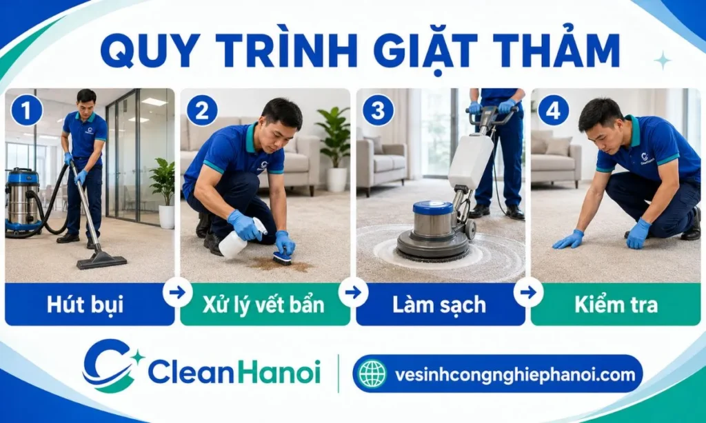 Quy trình hút bụi, xử lý vết bẩn, làm sạch và thu hồi độ ẩm trên thảm