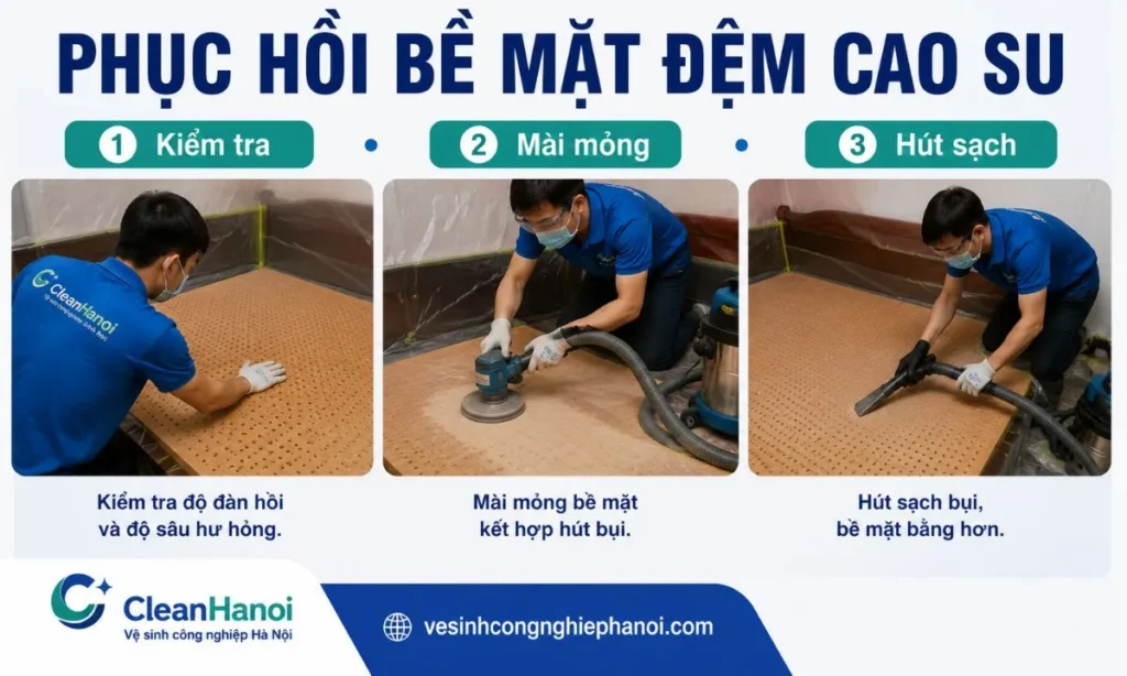 Kỹ thuật viên mài từng lớp mỏng và hút sạch bụi khi phục hồi đệm cao su