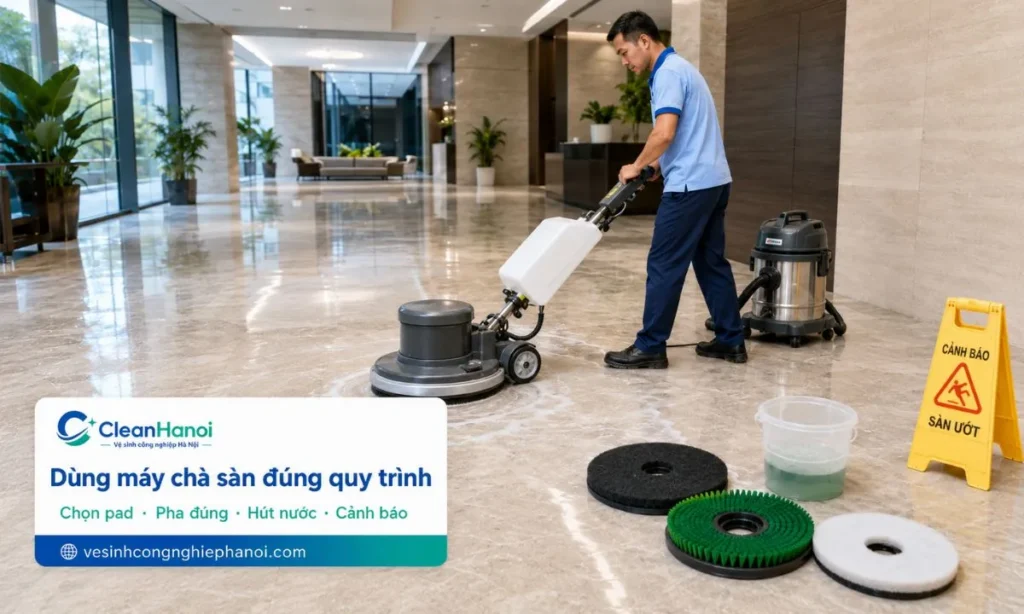 Quy trình sử dụng máy chà sàn gồm kiểm tra mặt sàn, chọn pad hoặc bàn chải phù hợp, pha hóa chất đúng tỷ lệ, vận hành máy đều tay, hút nước bẩn, lau lại nếu cần, làm khô và đặt biển cảnh báo sàn ướt.