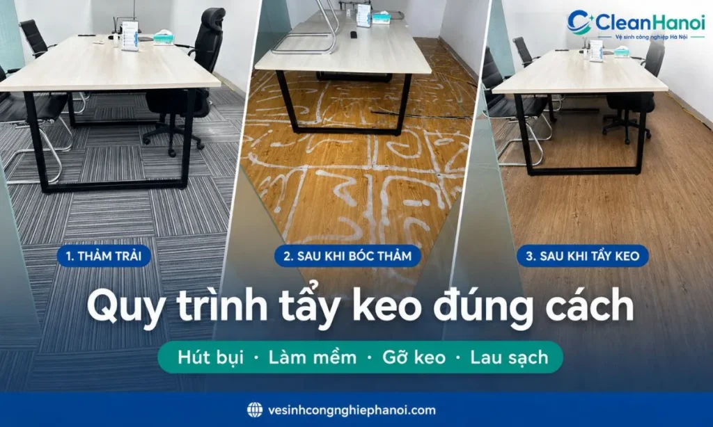 Quy trình tẩy keo dán thảm gồm tiếp nhận ảnh hiện trạng, kiểm tra loại sàn, hút bụi và cặn khô, làm mềm lớp keo theo từng khu vực, gỡ lớp keo dày, xử lý cặn keo còn bám, lau sạch và kiểm tra lại bề mặt.