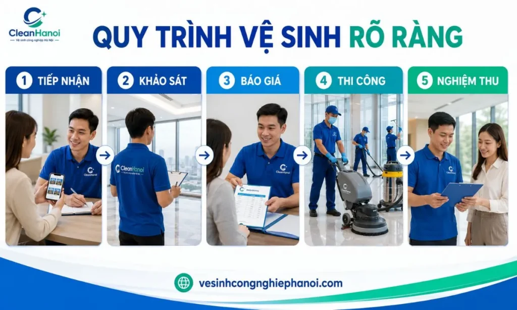 Quy trình vệ sinh công nghiệp tại Đan Phượng gồm tiếp nhận, khảo sát, báo giá, thi công và nghiệm thu