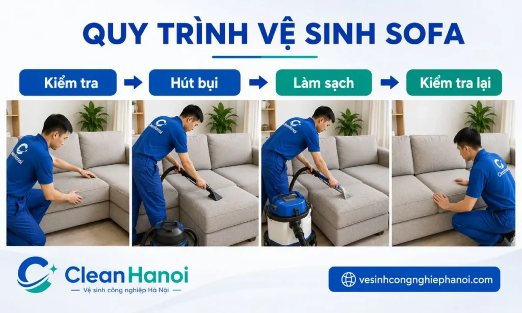 các công đoạn chính trong quy trình vệ sinh sofa nỉ và sofa vải của CleanHanoi.