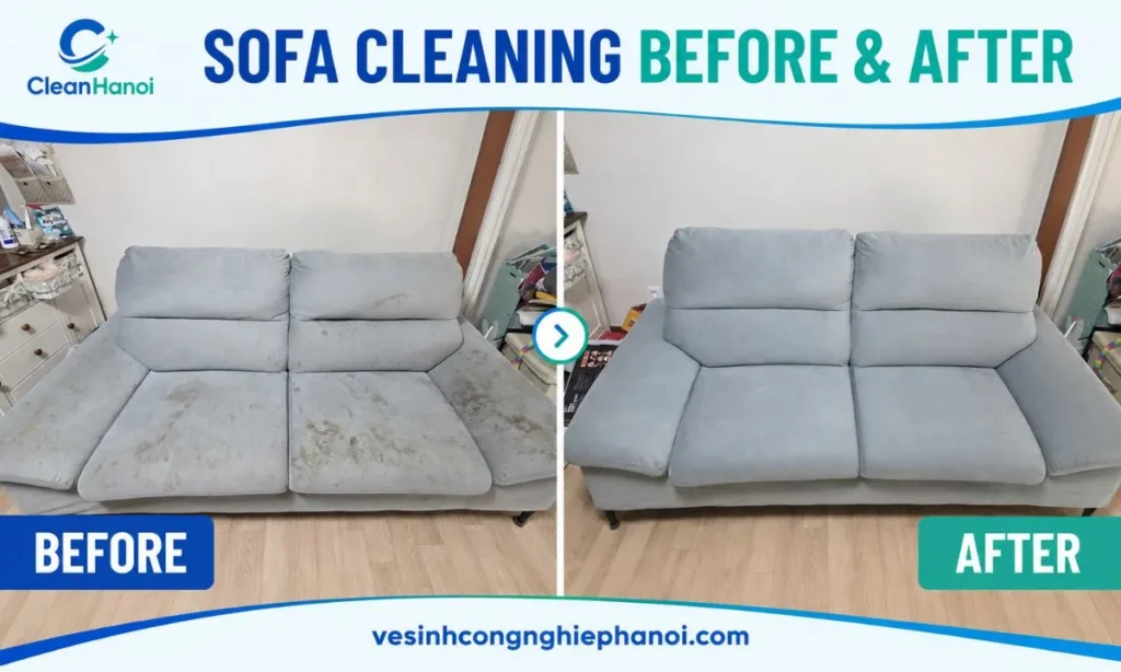 Real before and after comparison of a sofa cleaned by CleanHanoi in Hanoi