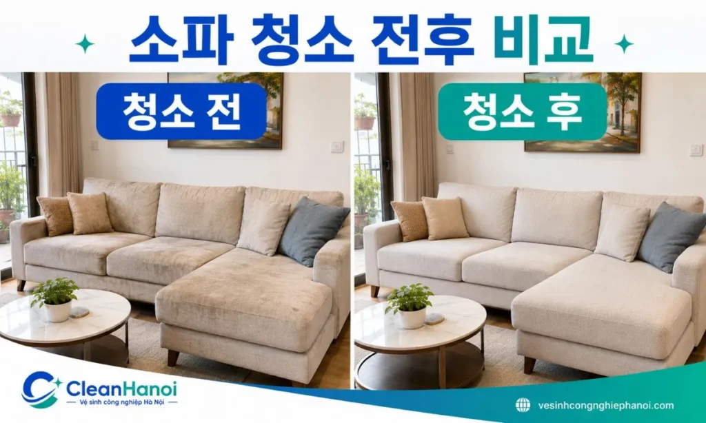동일한 패브릭 소파를 같은 위치와 촬영 각도에서 비교한 CleanHanoi 방문 소파 청소 전후 이미지입니다.