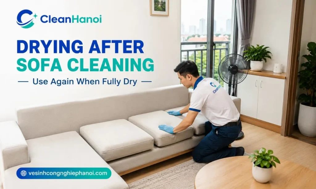 After sofa cleaning, CleanHanoi checks the upholstery surface and remaining moisture before providing ventilation and drying instructions.