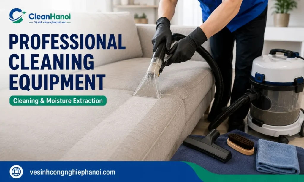 Professional upholstery tools and wet extraction equipment are used to clean suitable sofa materials and recover cleaning solution, dirty water and excess moisture.