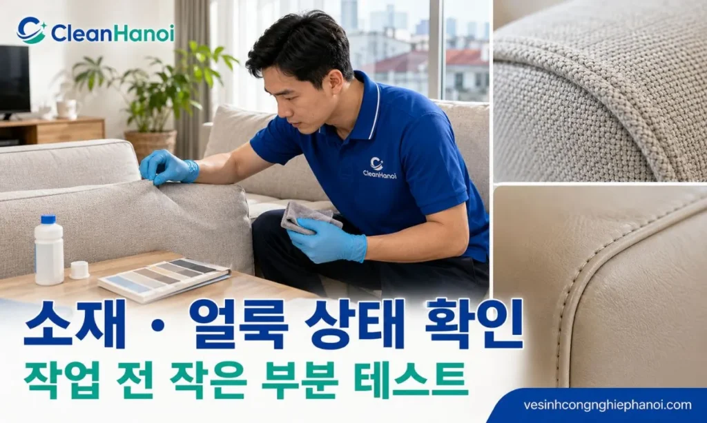 패브릭, 직물, 벨벳과 가죽 소파의 소재, 색상, 얼룩과 표면 상태를 확인한 후 적합한 청소 방법을 선택합니다.