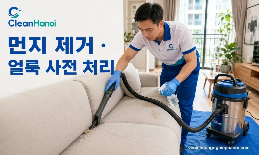 소파 좌석, 등받이, 팔걸이와 틈새의 먼지, 머리카락, 반려동물 털을 제거하고 얼룩 부위를 소재에 맞게 사전 처리합니다.