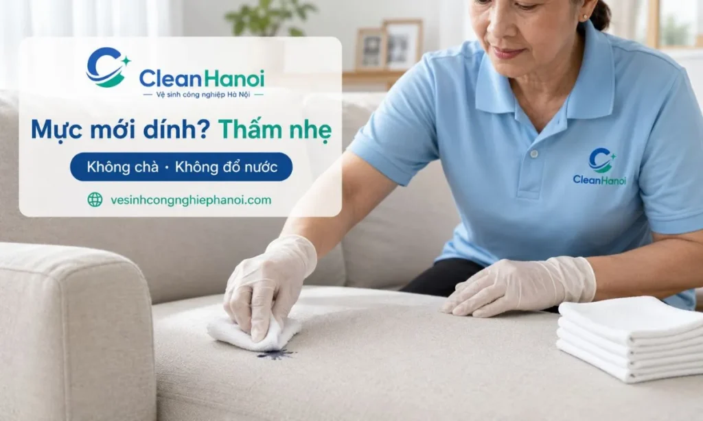 Khi sofa vừa bị dính mực, cần dừng chà mạnh, không đổ nước trực tiếp, dùng khăn trắng sạch hoặc giấy thấm đặt nhẹ lên vết mực, thấm từ ngoài vào trong và thay khăn liên tục nếu khăn đã dính mực.