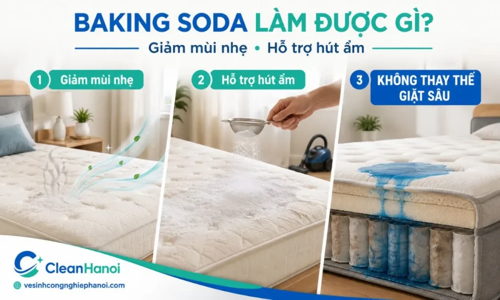 tác dụng và giới hạn của baking soda khi dùng để làm sạch nệm tại nhà.