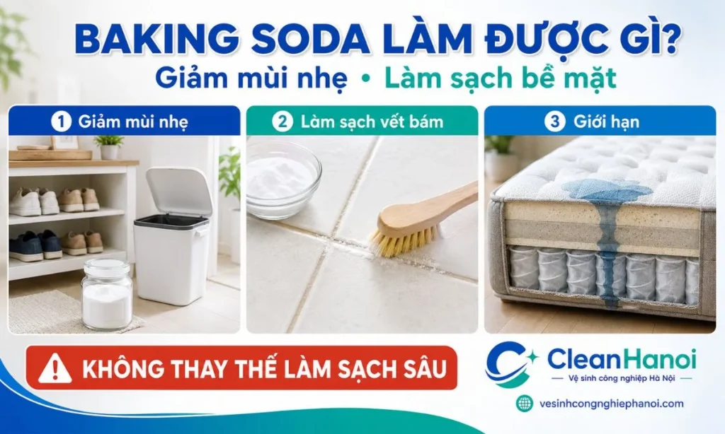 Baking soda hỗ trợ giảm mùi và làm sạch các vết bám nhẹ trên bề mặt