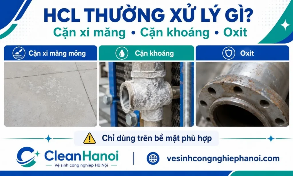 HCl hỗ trợ xử lý cặn xi măng, cặn khoáng và oxit trên bề mặt phù hợp