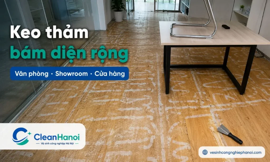 Văn phòng, showroom và cửa hàng sau khi tháo thảm thường còn lớp keo dán thảm bám diện rộng, keo lâu ngày dính bụi, ám mùi, để lại vệt đen hoặc khiến nền khó bàn giao nếu không xử lý đúng cách.