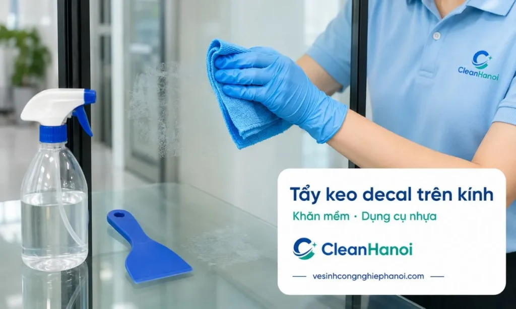 Với keo decal trên kính, nên làm mềm lớp keo, lau từng vùng nhỏ bằng khăn microfiber và dùng dao cạo nhựa hoặc bay nhựa nếu cần, tránh dao kim loại làm xước kính.