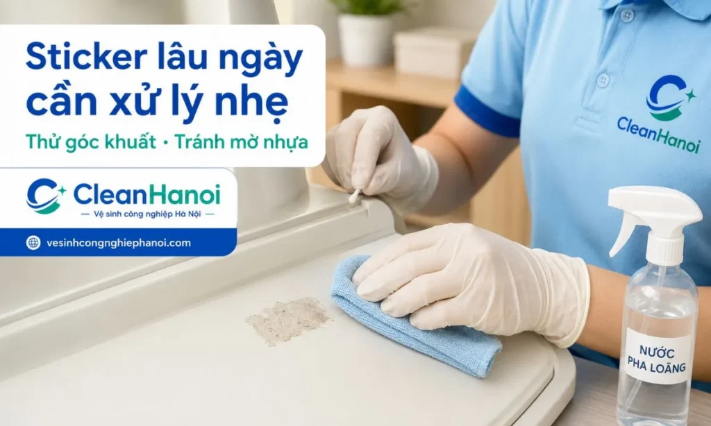 Keo tem nhãn và sticker lâu ngày trên nhựa, đồ nội thất phủ sơn, gỗ, veneer hoặc laminate cần được làm mềm, lau nhẹ từng vùng nhỏ và thử dung dịch ở góc khuất để tránh mờ nhựa, bong sơn hoặc loang lớp phủ.