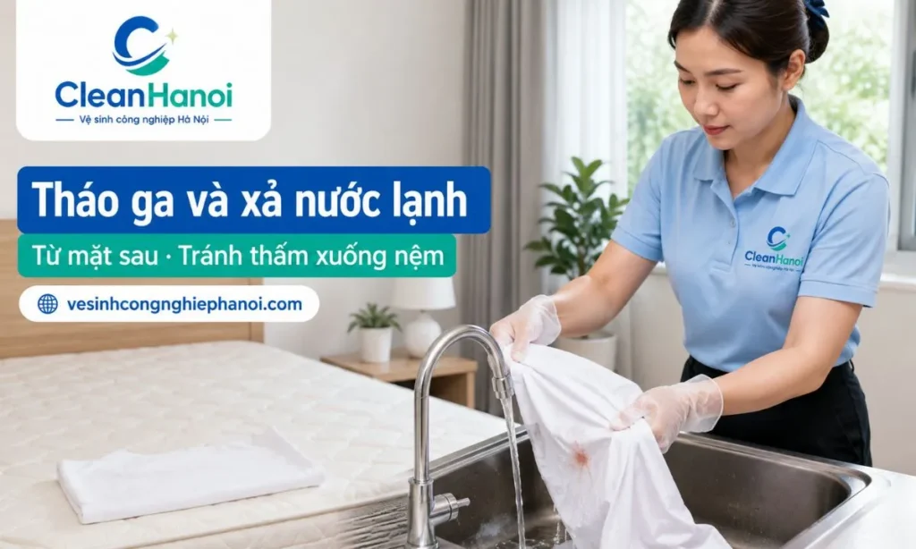 Khi ga giường dính máu, nên tháo ga sớm, xả nước lạnh từ mặt sau vết bẩn, ngâm riêng vùng dính máu nếu cần và kiểm tra bề mặt nệm bên dưới để xử lý kịp thời nếu máu đã thấm xuống.