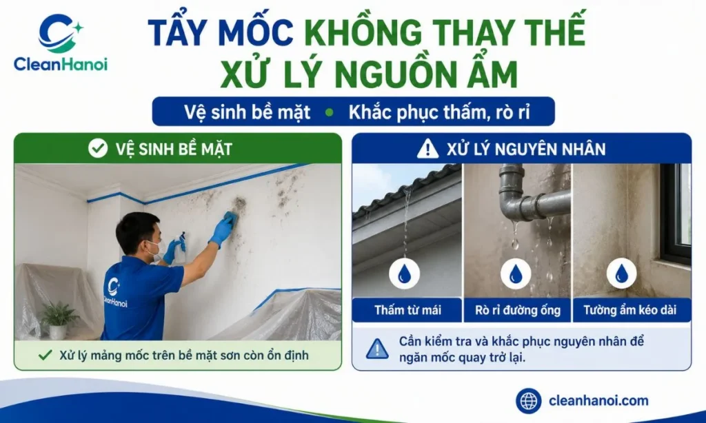 tẩy mốc giúp làm sạch phần mốc nhìn thấy, trong khi rò rỉ, thấm nước và vật liệu hư hỏng cần được xử lý riêng.