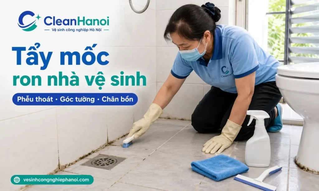Ron gạch trong nhà vệ sinh và phòng tắm dễ bị mốc đen ở quanh phễu thoát sàn, góc tường, chân bồn cầu, khu vực lavabo và khu tắm; cần làm thoáng, dùng dung dịch phù hợp, chà bằng bàn chải nhỏ, lau sạch và làm khô.