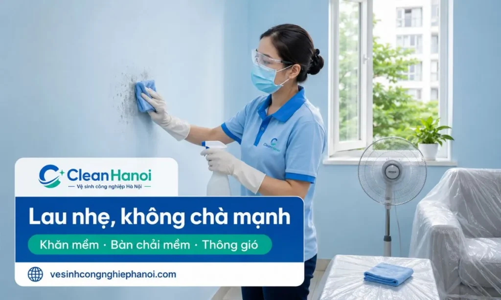 Với tường sơn bị mốc nhẹ, nên mở cửa thông gió, đeo găng tay khẩu trang, thử dung dịch ở góc khuất rồi lau mảng mốc bằng khăn mềm hoặc bàn chải mềm, sau đó lau lại và thấm khô.