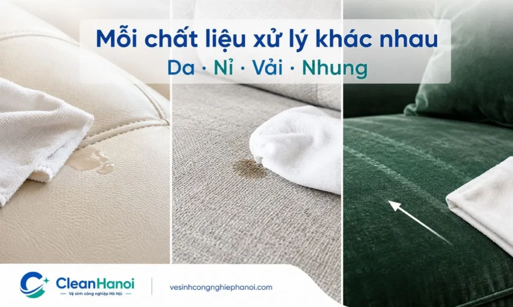 Sofa da, nỉ, vải và nhung phản ứng khác nhau với nước, cồn, dung môi và lực chà; cần kiểm tra chất liệu, thử dung dịch ở vị trí khuất, xử lý nhẹ từng điểm và làm khô tự nhiên bằng quạt nhẹ.