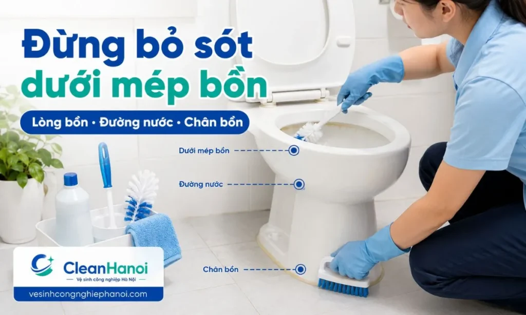Khi tẩy ố vàng bồn cầu, cần chú ý lòng bồn, đường nước, khu vực dưới mép bồn, viền trong và chân bồn cầu vì đây là các vị trí dễ bám cặn, ố vàng và giữ mùi.