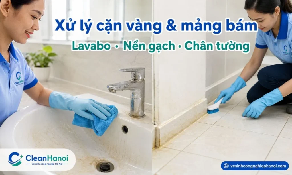 Lavabo, vòi nước, nền gạch, chân tường và góc tường nhà vệ sinh thường bị ố vàng do cặn nước, xà phòng, nước đọng và mảng bám lâu ngày; cần dùng khăn mềm, bàn chải phù hợp và tránh vật sắc.