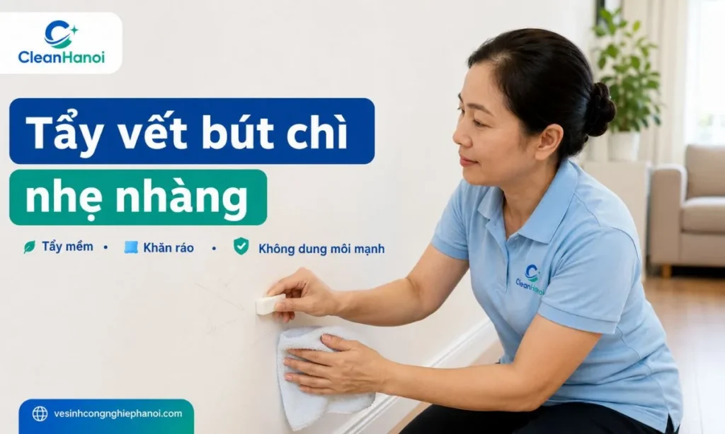 Vết bút chì trên tường sơn có thể xử lý bằng tẩy mềm sạch, thao tác nhẹ theo hướng vết bút; với bút màu hoặc sáp màu cần thử khăn ẩm hoặc dung dịch nhẹ ở góc khuất trước để tránh bóng mảng, bạc màu hoặc bong sơn.