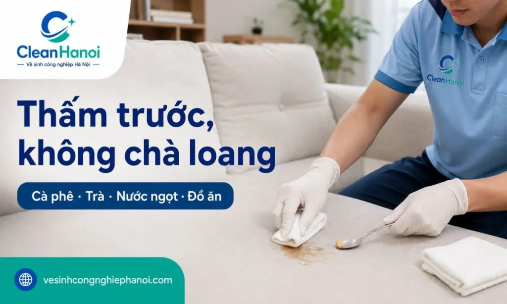 Khi sofa dính cà phê, trà, nước ngọt, sữa, nước sốt hoặc đồ ăn, nên gỡ phần rắn trước, dùng khăn trắng sạch thấm nhẹ từ ngoài vào trong và không chà xoáy để tránh vết bẩn loang rộng.