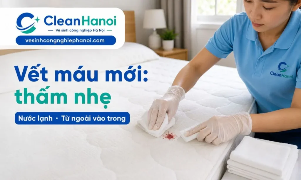 Khi nệm vừa dính máu, nên dùng khăn trắng sạch thấm nhẹ, dùng nước lạnh làm ẩm vừa đủ, xử lý từ ngoài vào trong và thấm khô liên tục, không chà mạnh hoặc đổ nước trực tiếp lên nệm.