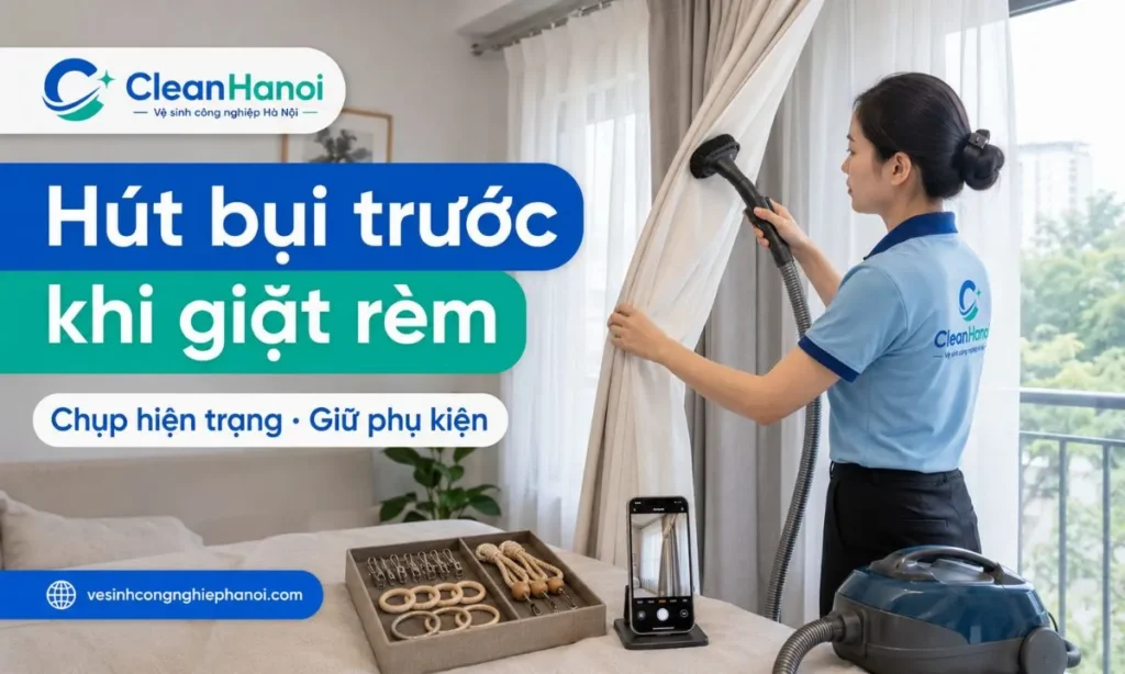 Khi giặt rèm vải tại nhà, nên chụp lại hiện trạng, tháo phụ kiện nhẹ nhàng, hút bụi hoặc giũ nhẹ rèm trước khi cho vào nước để tránh bụi bẩn ngấm sâu vào sợi vải.