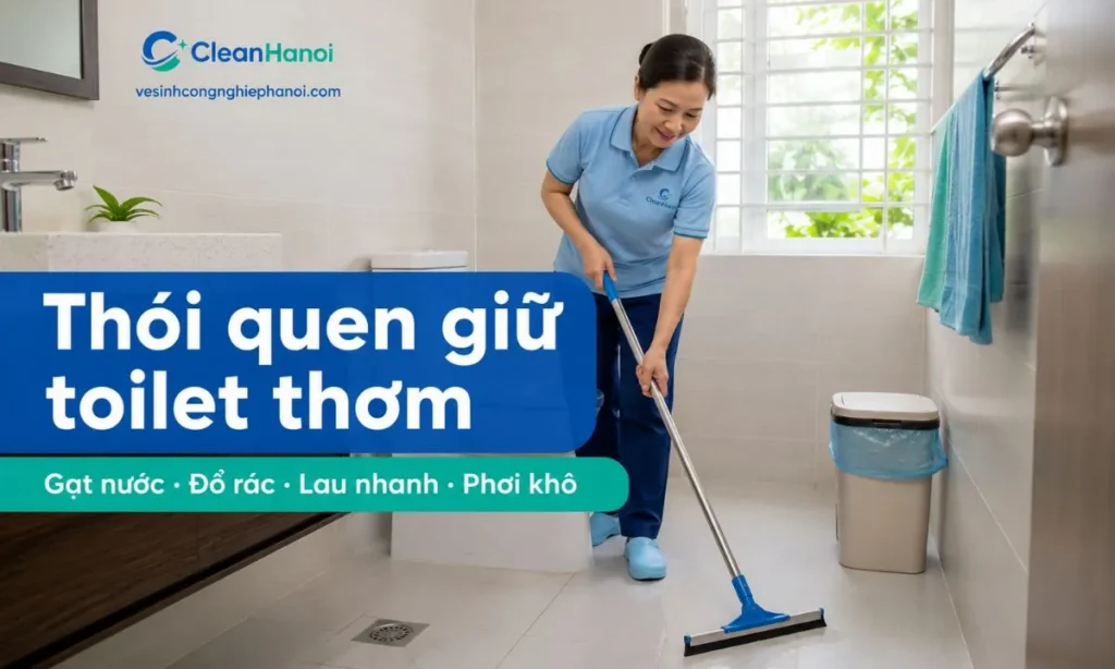 Các thói quen hằng ngày giúp nhà vệ sinh thơm lâu gồm xả nước và đóng nắp bồn cầu, gạt nước sau khi tắm, đổ rác thường xuyên, lau lavabo, lau điểm chạm tay và phơi khô khăn lau, thảm chân, chổi cọ.