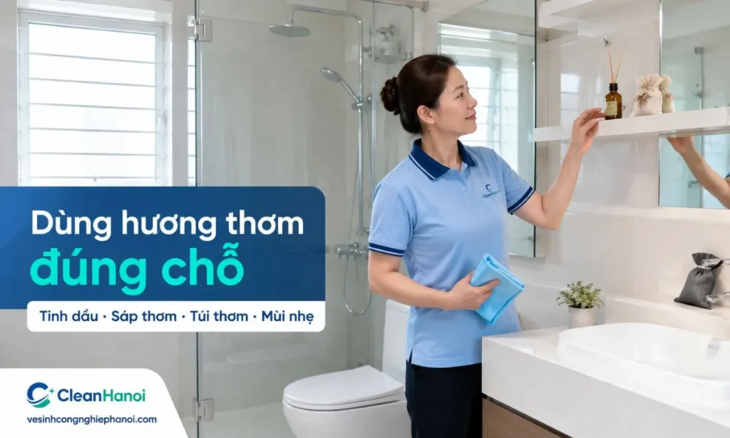 Sau khi nhà vệ sinh đã sạch và khô, có thể dùng tinh dầu, sáp thơm, túi thơm, than hoạt tính hoặc viên treo bồn cầu ở vị trí phù hợp để duy trì mùi thơm nhẹ, tránh đặt ở nơi nước bắn hoặc dùng mùi quá nồng.